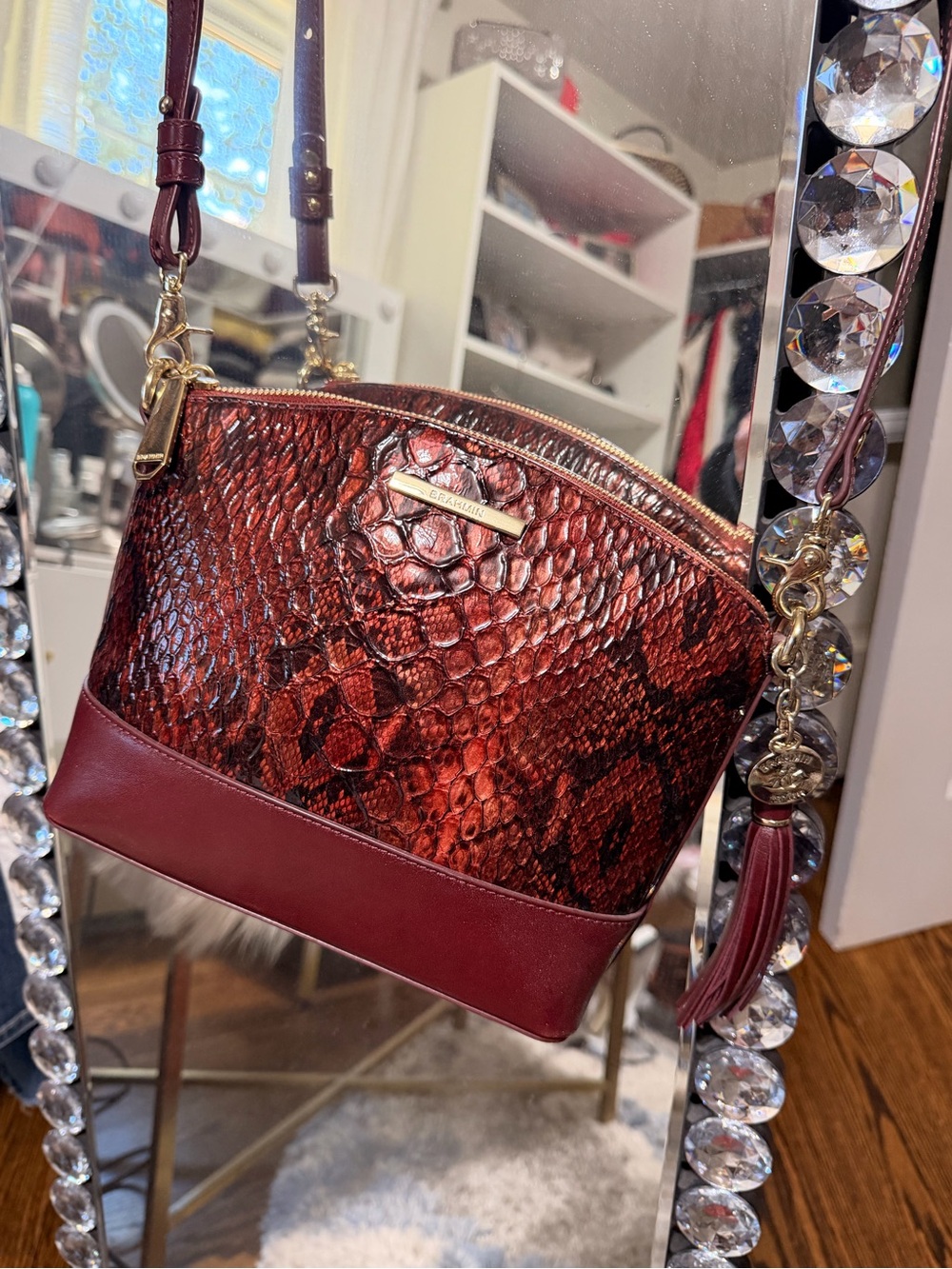 Brahmin Burgundy Red Snake-Embossed Crossbody with Gold Hardware